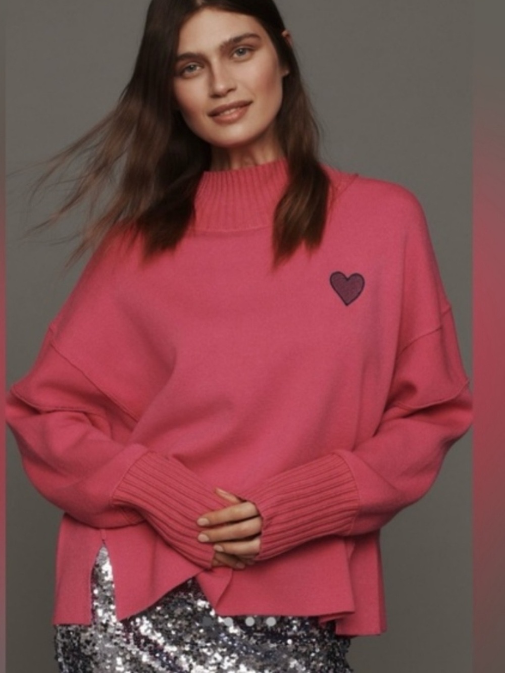 Anthropologie Maeve Mock-neck Heart Embroidered Sweater Size S Pink